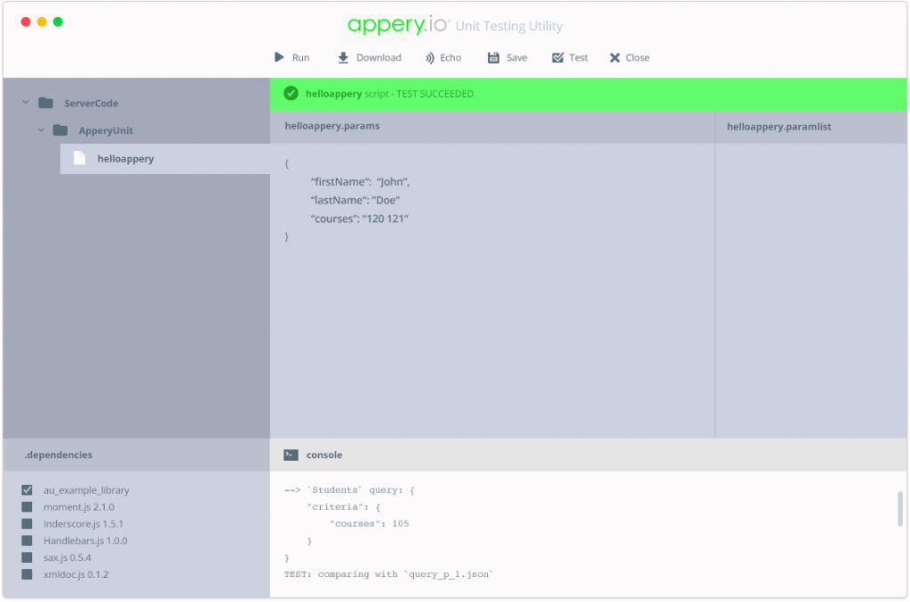 Appery.io GUI for testing Server Code scripts